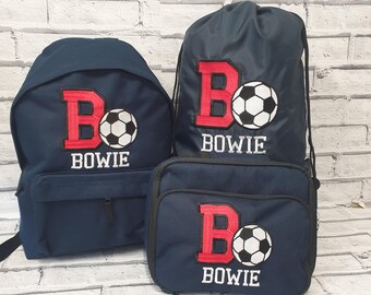 Personalisierter Fußball Rucksack, Pe Bag und Lunch Bag Set, Fußball Rucksack, Fußball Lunch Box, bestickter Fußball Kordelzug,