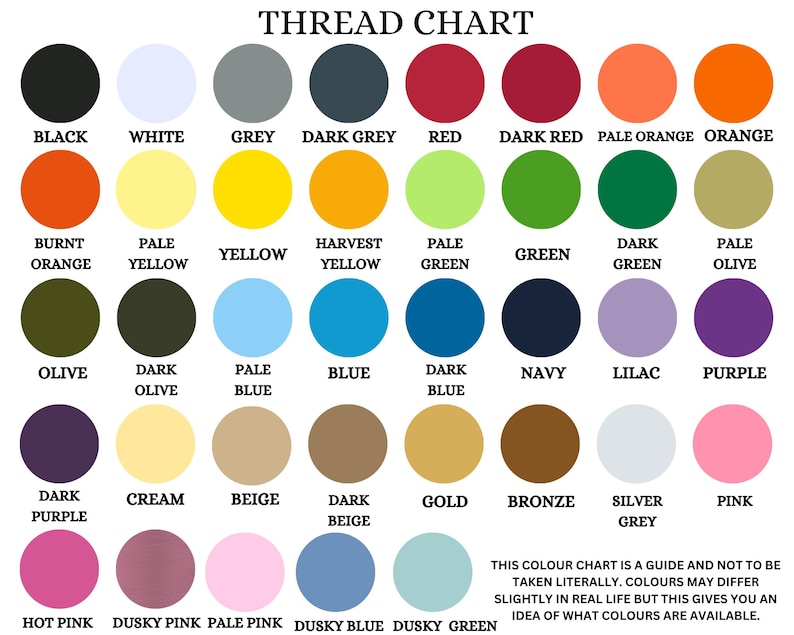 Pu&ograve; includere: Una tabella colori per filati con una griglia di cerchi colorati ed etichette corrispondenti tra cui nero, bianco, grigio, rosso, arancione, giallo, verde, blu, viola, rosa e varie tonalit&agrave; di marrone e beige, con un avviso sulla precisione.