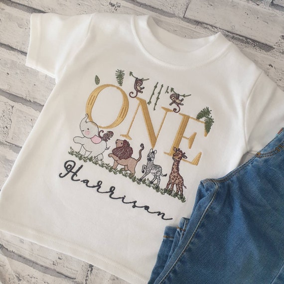 Personalised safari Birthday T Shirt, Embroidered 1st Birthday Safari T Shirts, First Birthday T Shirt, Toddler Birthday T Shirt