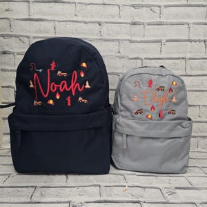 パーソナライズされた幼児用バックパック、刺繍入り消防車リュックサック、消防車用保育バッグ、消防士スクールバッグ、ユニセックス保育リュックサック