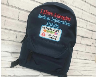 Allergie-Aufklärungsrucksack, EpiPen-Tasche, ich habe Allergien-Rucksack, medizinische Alarmtasche, gestickter Kleinkindrucksack, Schultasche