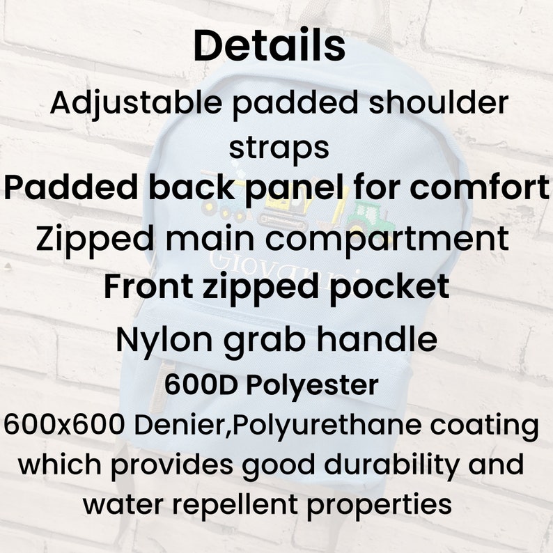 May include: Light blue backpack with adjustable padded shoulder straps, a padded back panel, and a zipped main compartment. Features a front zipped pocket and a nylon grab handle. The text "Details" and other product details are visible.