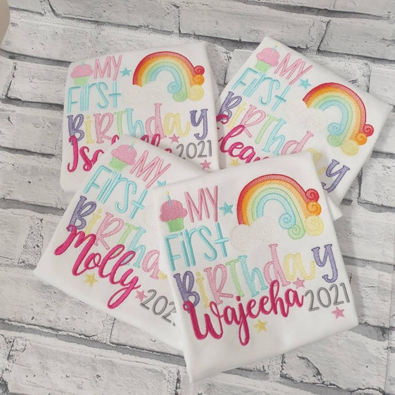 Personalised 1st Birthday T Shirt, Embroidered First Birthday T Shirt, Short Sleeve Girls Rainbow T shirt