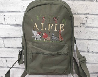 Personalisierter Kleinkind-Rucksack, gestickter Safari-Rucksack, Elefant-Rucksack, Safari-Kinderzimmer-Tasche, Löwe-Rucksack, Unisex, Mädchen, Junge, Zebra