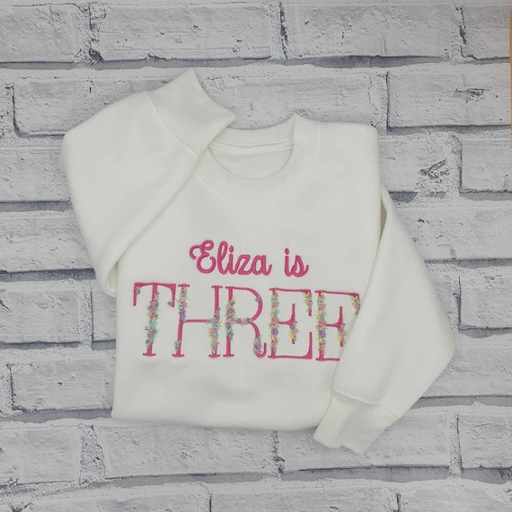 Personalised Birthday Sweatshirt, Embroidered Third Birthday Jumper, Floral Birthday Sweatshirt, Baby Girl Gift,  I Am Three Sweatshirt