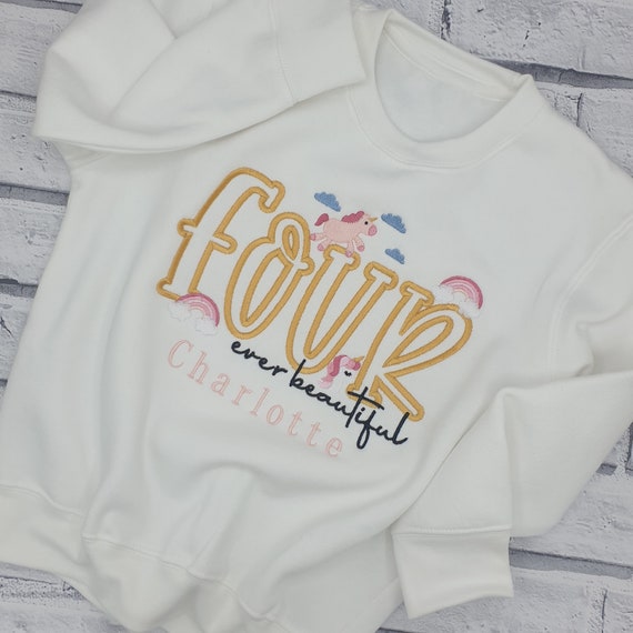 Personalised 4th Birthday T Shirt, Embroidered Fourth Birthday Sweatshirt, Personalised Unicorn Birthday T shirt, Embroidered Rainbow Tee