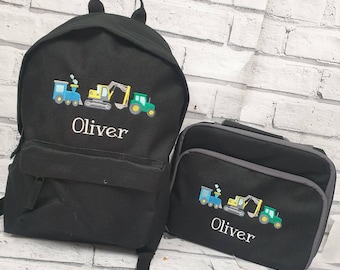 Personalised Toddler Backpack and Lunch Bag Set, Train Rucksack, Tractor Lunch Box, Cooler Bag, Digger Design, Nursery Bag, School Bag