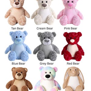 May include: A collection of nine plush toys arranged in a grid, including eight bears in tan, cream, pink, blue, grey, red, brown, and pastel tie-dye colors, plus one tan bunny. Each plush features a smooth, solid-colored belly patch.