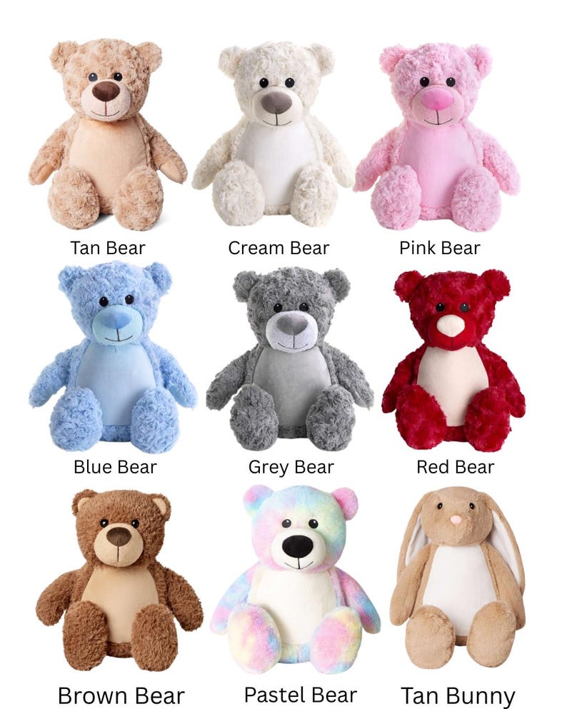 May include: A collection of nine plush toys arranged in a grid, including eight bears in tan, cream, pink, blue, grey, red, brown, and pastel tie-dye colors, plus one tan bunny. Each plush features a smooth, solid-colored belly patch.