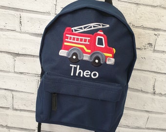 Personalised Fire Engine Backpack, Embroidered Toddler Rucksack,Nursey Bag, School Bag, Unisex, Boy, Girl, Red Fire Truck Bag