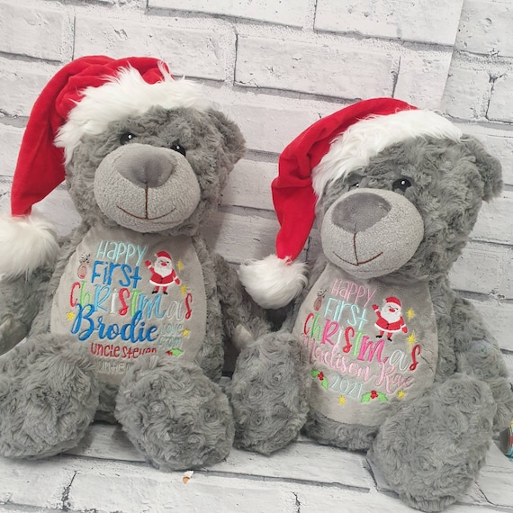 Personalised Christmas Bear, Embroidered First Christmas Gift, Santa Design, Grey Bear For Girls And Boys