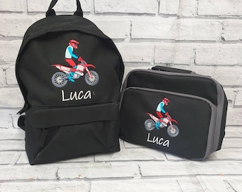 Personalised  Rucksack and Lunch Bag Set, Embroidered Motorcross Backpack, Dirtbike Lunchbag