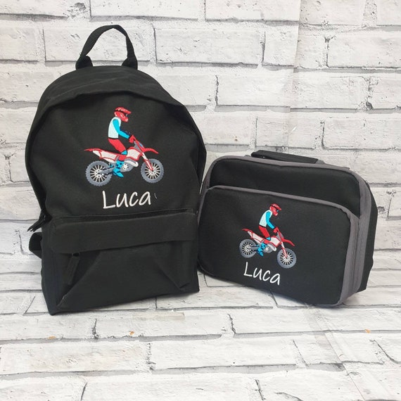 Personalised  Rucksack and Lunch Bag Set, Embroidered Motorcross Backpack, Dirtbike Lunchbag