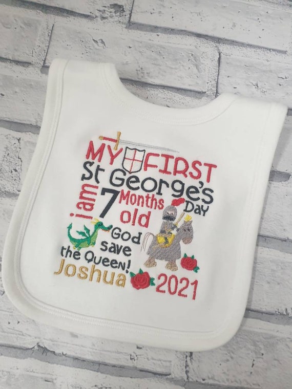 Personalised My First St Georges Bib, Embroidered 1st St Georges Baby Bib, Baby Gift, knight Design Bib