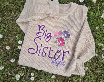 Personalised Knitted Jumper Sibling Set, Embroidered Beige Big Sister Sweater, Little Sister Floral Knitted Jumper