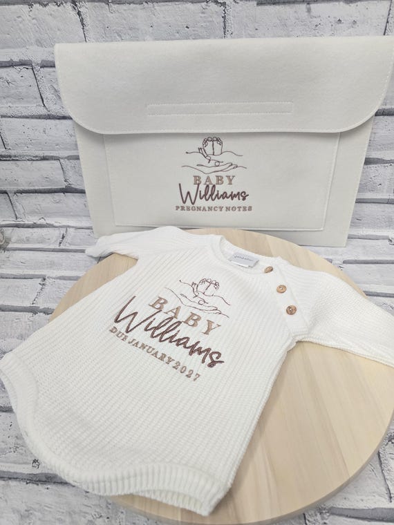 Personalised Pregnancy Document Folder, Embroidered Maternity A4 Notes Storage Pouch, Birth Announcement Knitted Vest, Baby Shower Gift Set