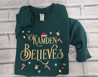 Personalised Matching Family Christmas Jumper - Embroidered Name Believes Sweatshirt - Green Christmas Crew Neck Sweater
