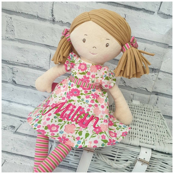 Personalised Rag Doll- Embroidered Baby Girls Gift- Christening- Birthday-New Baby Gift- Katy Rag Doll-