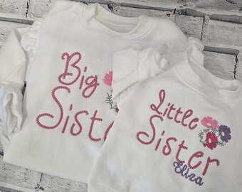 Personalised White Big Sister Floral Sweatshirt, Embroidered Flower Little Sister Jumper, Matching Sibling Jumper  Set