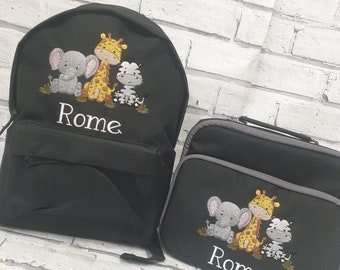 Personalised Toddler Backpack and Lunch Bag Set, Baby Safari Rucksack, Baby Safari Lunch Box, Cooler Bag, Safari Backpack and Lunchbox,