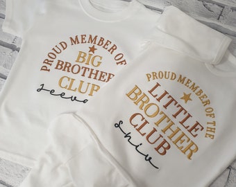Personalised Proud Member Of The Big Brother Club T shirt, Embroidered Little Sister Club Romper, Big Sister And Little Brother Matching Set