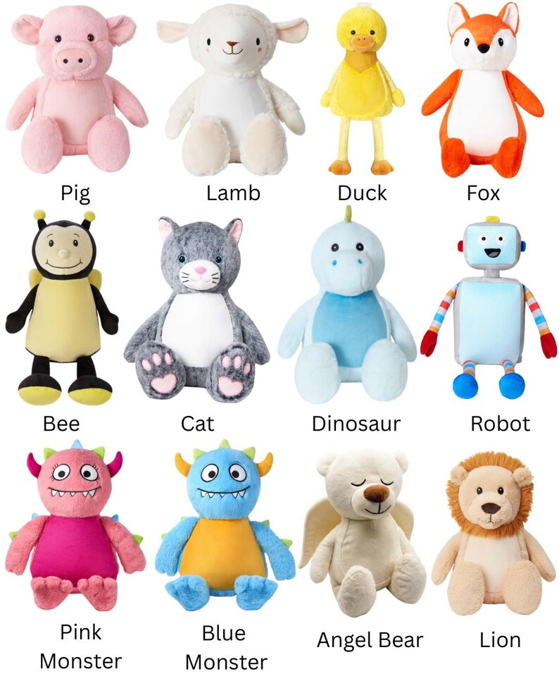 May include: A collection of twelve plush stuffed animals including a pink pig, white lamb, yellow duck, orange fox, black and yellow bee, gray cat, blue dinosaur, robot, pink monster, blue monster, angel bear, and a tan lion with a brown mane.