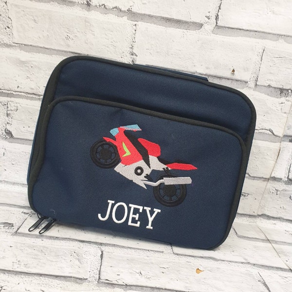 Personalised Motorbike LunchBox, Embroidered Motor Cycle Lunch Bag, Toddler LunchBox, Sports Bike Lunch Box