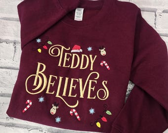 Personalised Matching Family Christmas Jumper - Embroidered Name Believes Sweatshirt - Burgundy Christmas Crew Neck Sweater
