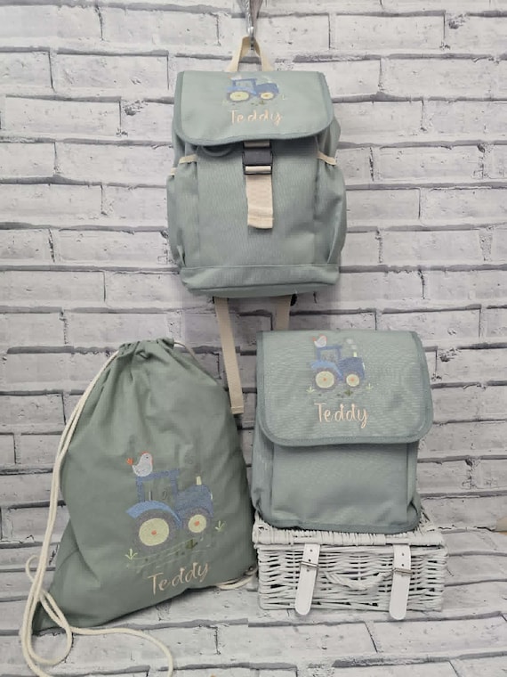 Personalised Tractor Rucksack, Embroidered Child's Backpack And Lunch Bag Set, Farm theme Nursery Bag, Named Drawstring PE Bag