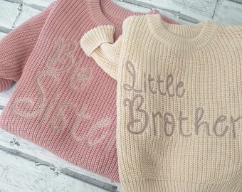 Personalised Matching Sibling Set, Sibling Matching Jumper Set, Embroidered Big Sister Knitted Jumper, Personalised Little Brother sweater