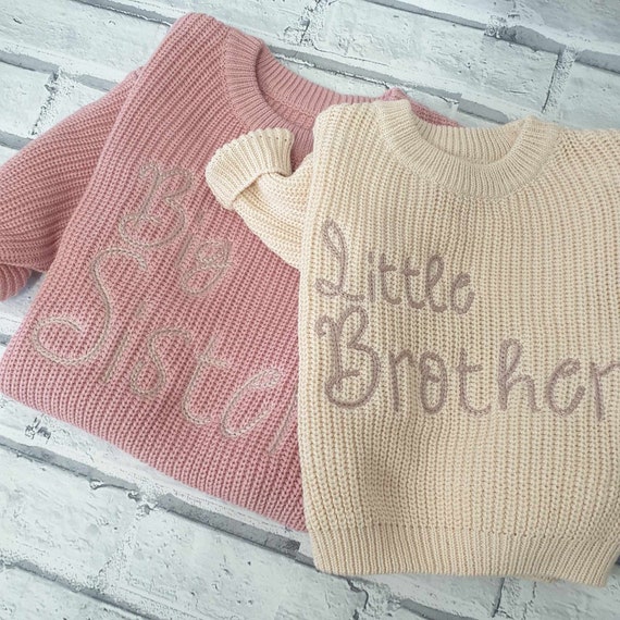 Personalised Matching Sibling Set, Sibling Matching Jumper Set, Embroidered Big Sister Knitted Jumper, Personalised Little Brother sweater