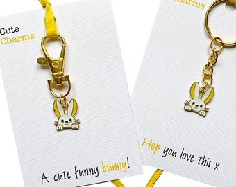 Cute Charms! Cute handmade enamel Bunny Keyring/phone/clasp charm. Various slogans. Ideal EASTER/birthday/love you gift