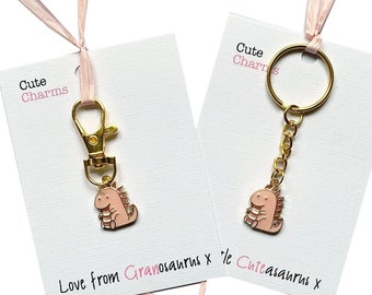 Cute Charms! Cute handmade enamel Pink Dinosaur clasp/phone charm. Various slogans. Ideal birthday/grandchild gift
