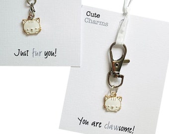 Cute Charms! Cute handmade enamel White Cat clasp/phone charm. Various slogans. Ideal well done/Halloween gift