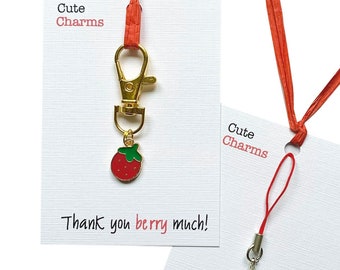 Cute Charms! Cute handmade enamel Strawberry clasp/phone charm. Various slogans. Ideal thank you etc