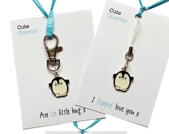 Cute Charms! Cute handmade enamel Penguin Keyring/phone/clasp charm. Various slogans. Ideal partner gift