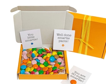 Tiny treats! Little orange box of chocolate smarties. Ideal Well done/exam pass/team gift etc. Personalisable.