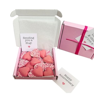 Tiny treats! Little pink box of chocolate hearts. Ideal pick me up/Anniversary gift etc. Personalisable. VARIOUS sizes.