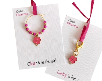 Cute Charms! Gorgeous handmade enamel lucky clover Wine Charm/clip charm. Ideal Wedding gift. Various slogans.