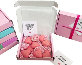 Tiny treats! Little pink box of chocolate hearts. Ideal Birthday/Anniversary gift etc. Personalisable.