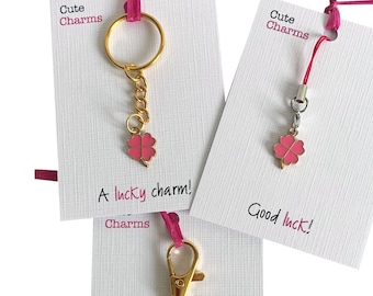 Cute Charms! Cute handmade enamel four leaf clover clasp/phone charm. Various slogans. Ideal good luck gift