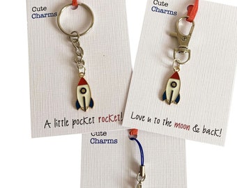 Cute Charms! Cute handmade enamel Rocket clasp/phone charm. Various slogans. Ideal love you/birthday gift