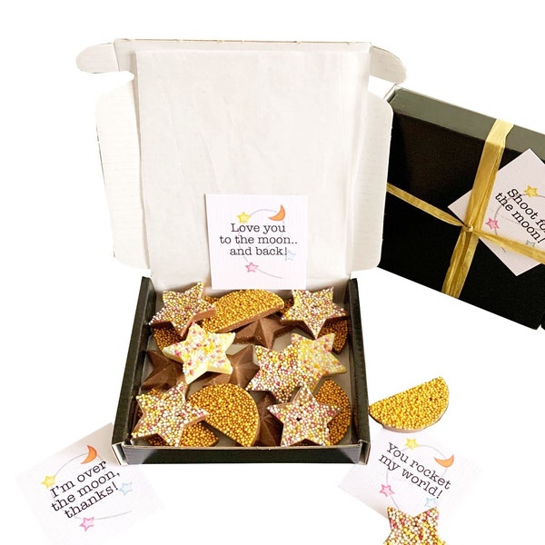 Tiny treats! Little 'LOVE YOU!' box of moon & stars chocolates. Personalisable.
