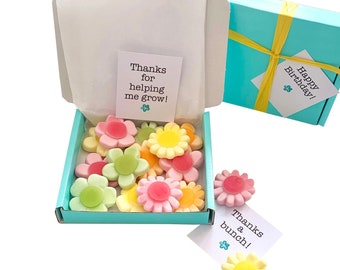 Tiny treats! Little Blue box of fruit flavour flowers, ideal for birthday/anniversary/thank you etc. Personalisable. VARIOUS sizes.