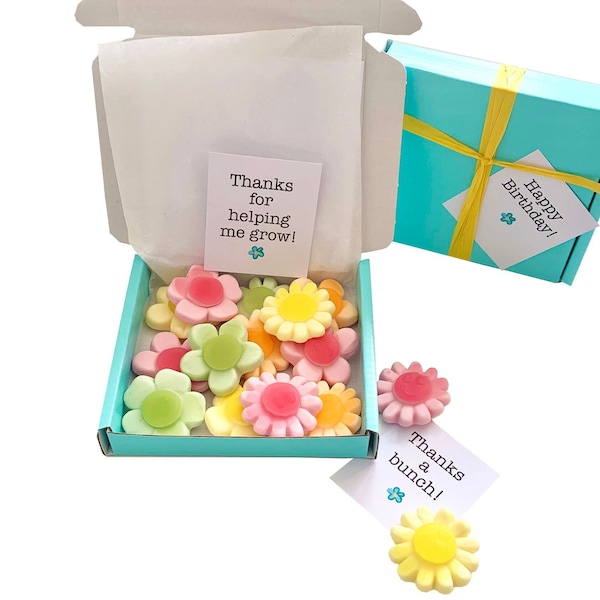 Tiny treats! Little Blue box of fruit flavour flowers, ideal for birthday/anniversary/thank you etc. Personalisable. VARIOUS sizes.