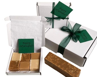 RETIREMENT gift box with luxury handmade fudge. Various flavour choices/sizes. Personalise.