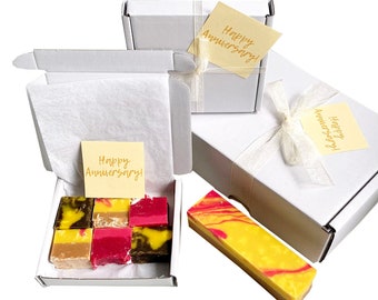 HAPPY ANNIVERSARY gift box with luxury handmade fudge. Various flavour choices/sizes. Personalise.