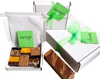 SORRY! gift box with luxury handmade fudge. Various flavour choices/sizes. Personalise.