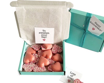 Tiny treats! Little skyblue box of chocolate hearts. Anniversary gift etc. Personalisable.