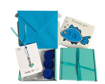 Tiny gifts! BIRTHDAY. Fish charm, birthday card, 3 x chocolates + gift box. Personalisable.